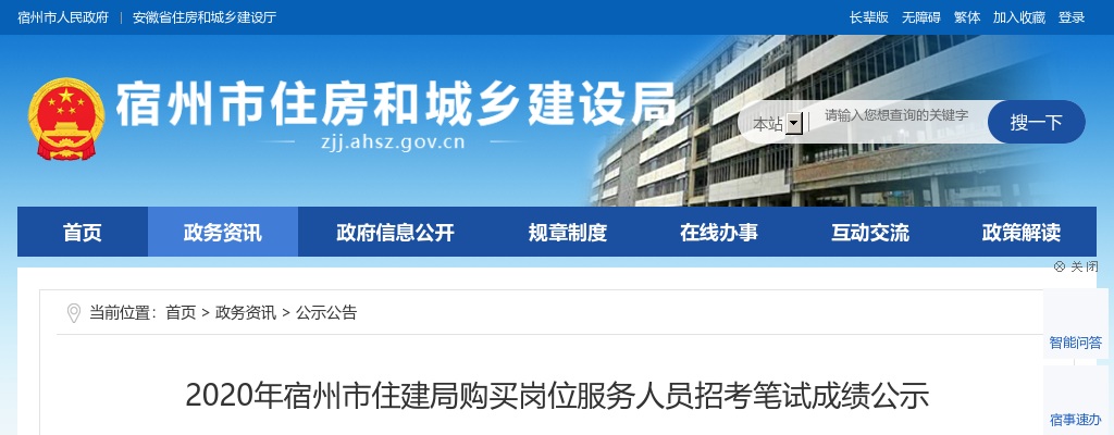 2020宿州市住建局购买岗位服务人员招考笔试成绩公示 图片